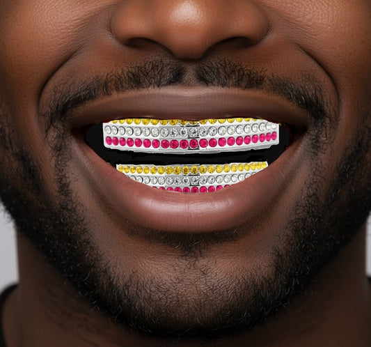 Team Color Silver Iced CZ Teeth Bling Grillz Pink Yellow