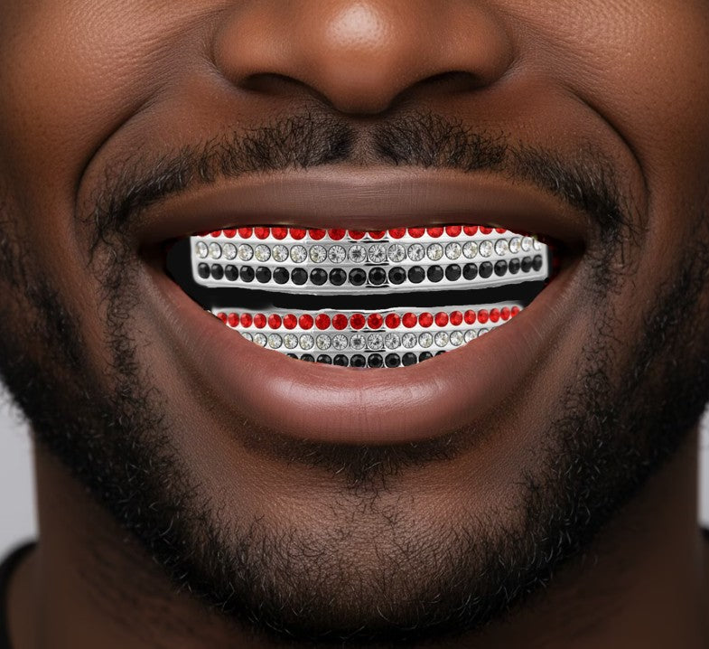 Team Color Silver Iced CZ Teeth Bling Grillz Red Black