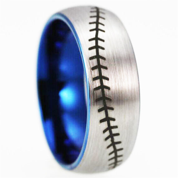 Tungsten Carbide Brushed Steel Baseball Player Stitch 8mm Domed Ring Blue Band