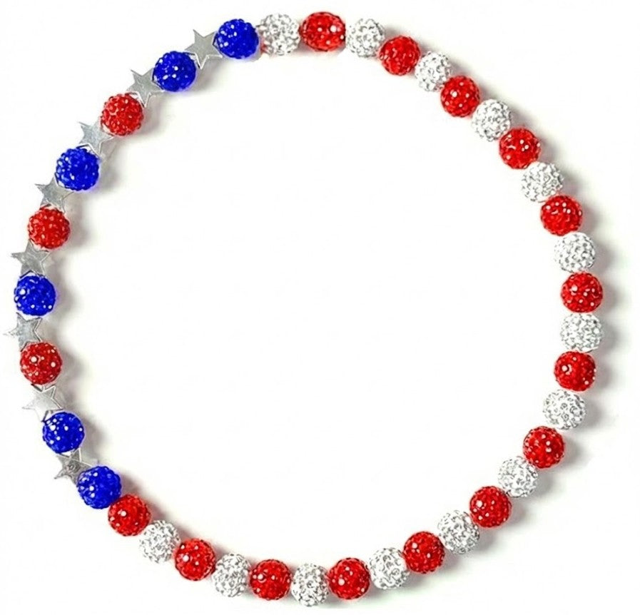 Iced Disco Ball Rhinestone Pollyanna Bead Baseball Necklace Silver Stars and Stripes