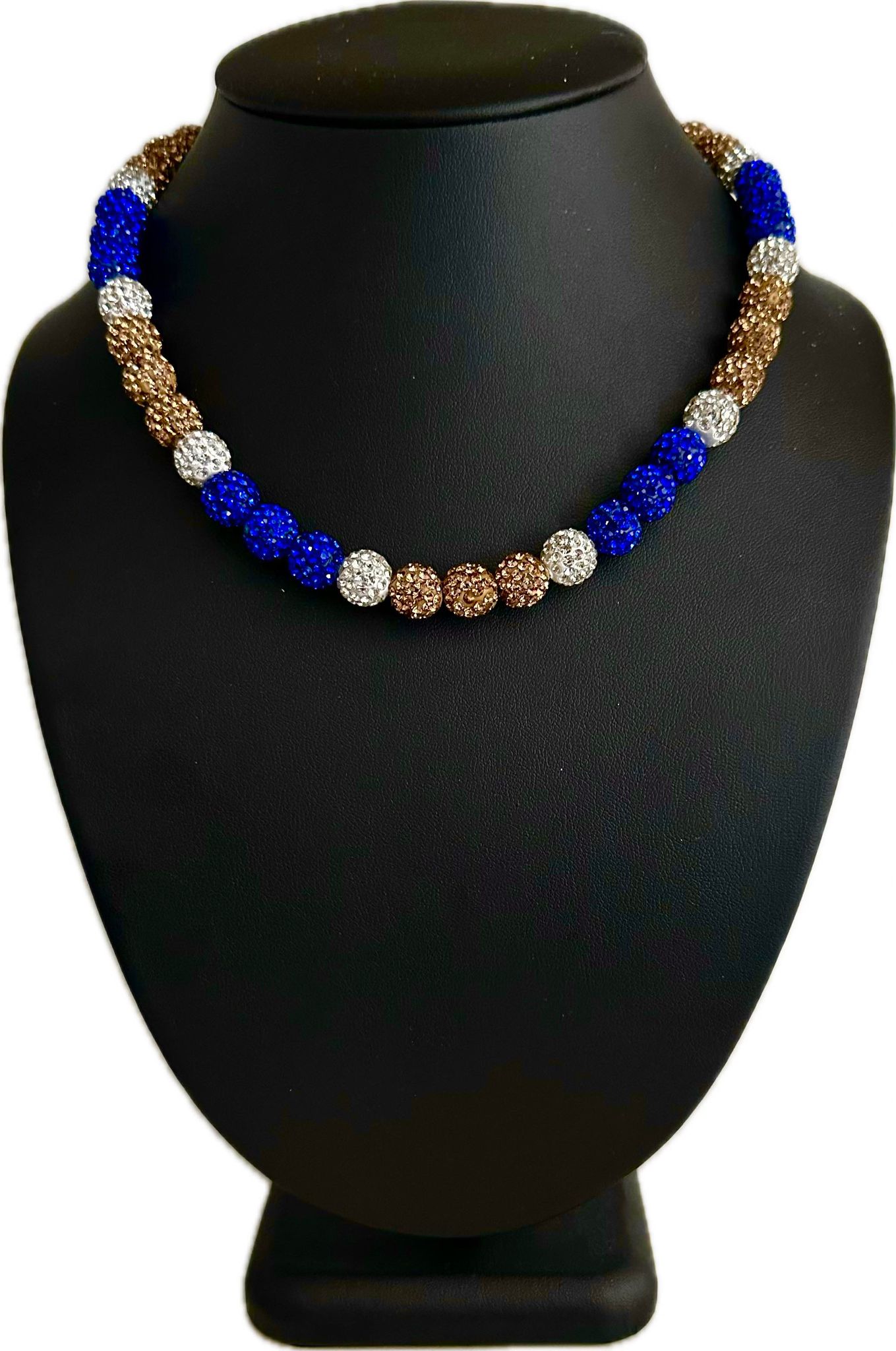 Iced Bling Disco Ball Rhinestone Crystal Bead Baseball Necklace Vegas Gold & Blue