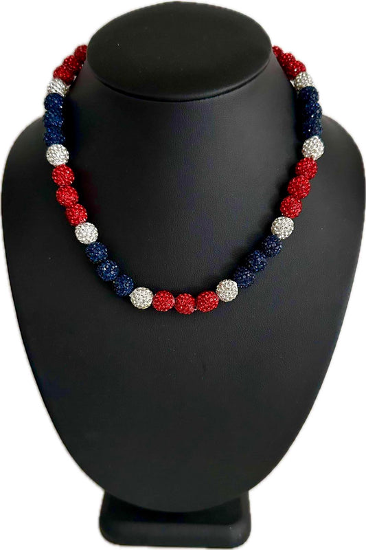 Iced Bling Disco Ball Rhinestone Crystal Bead Baseball Necklace Navy Blue, Red, White