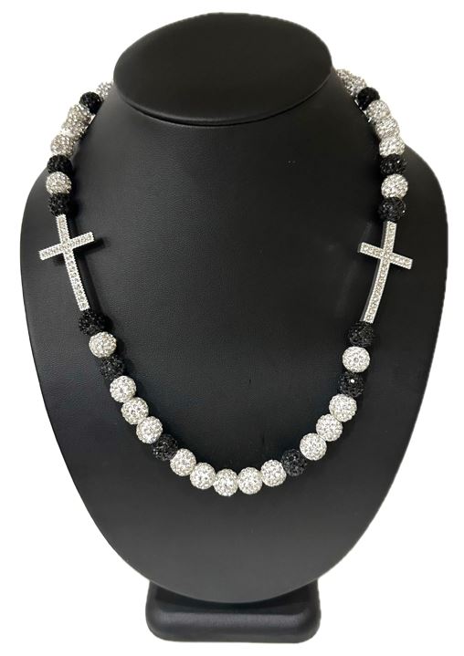 Iced Disco Ball Crystal Bead Baseball Necklace w/ Cross Black Silver